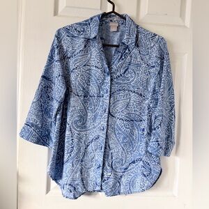 Chico's 100%Linen Blue‎ Paisley Blouse Sz 0 Bottom Down 3/4 sleeves